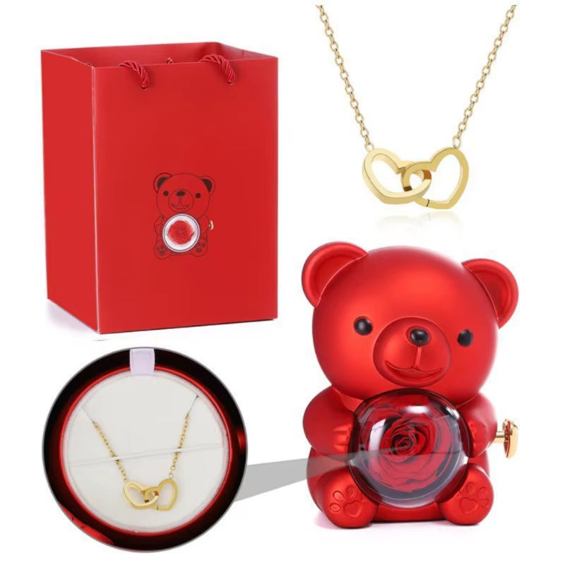 Teddy Bear Gifts Box with Necklace Rotate Rose Jewelry Box Valentine Wedding Storage Gift Case for Women Girlfriend Mother Mom