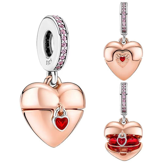 Heart Padlock Double Dangle Charm Silver Plated Fit Pandora Charms Silver 925 Original Bracelet for Jewelry Making