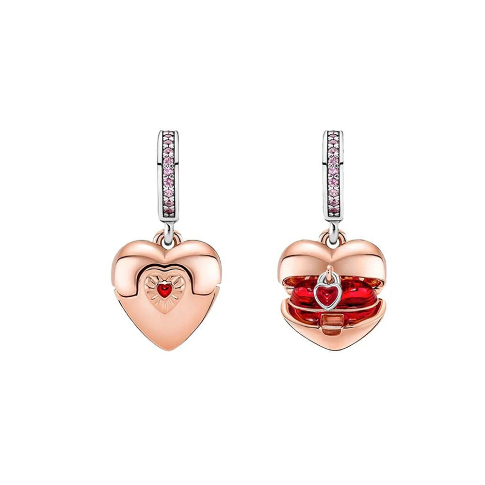 Heart Padlock Double Dangle Charm Silver Plated Fit Pandora Charms Silver 925 Original Bracelet for Jewelry Making