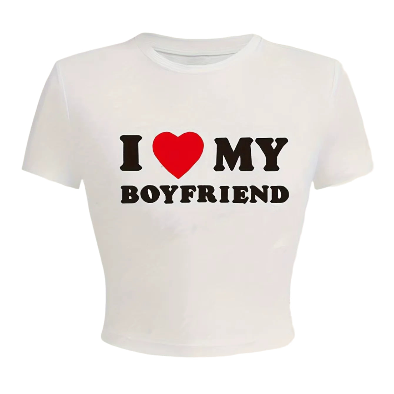 I Love My Boyfriend Print T-Shirt Casual Crew Neck Short Sleeve Crop Top for Summer Women'S Clothing